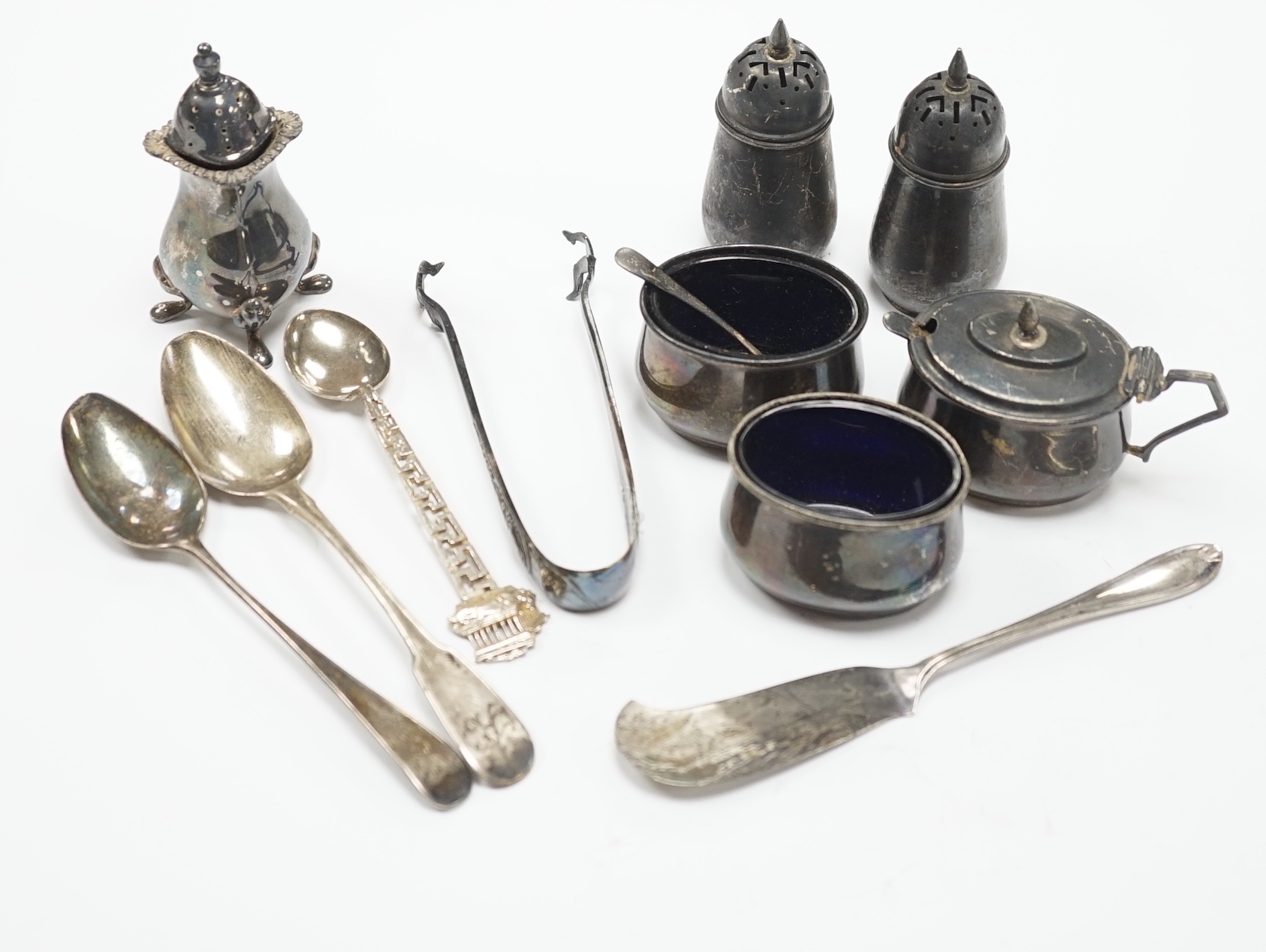 A small group of assorted silver condiments and sundry silver and silver plated flatware, some boxed.